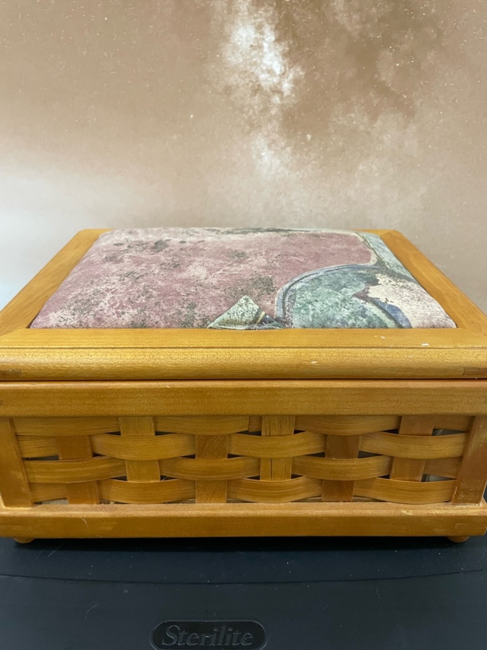 Vintage 1996 Woven Wooden Sewing Box  with Pink & Teal Upholstered Top